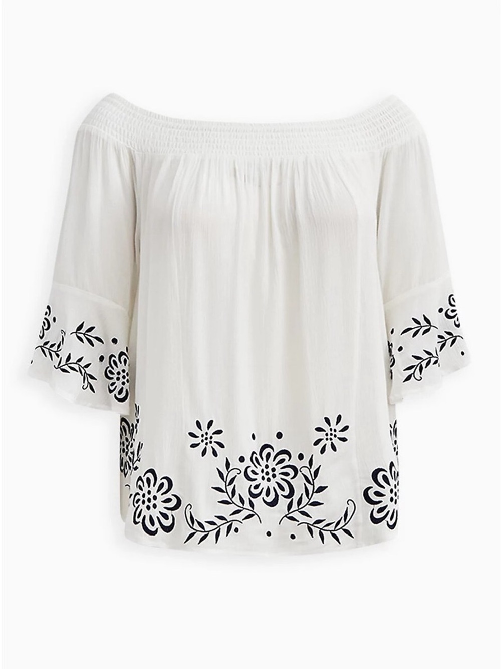 torrid White Off-Shoulder Peasant Top with Black Floral Embroidery